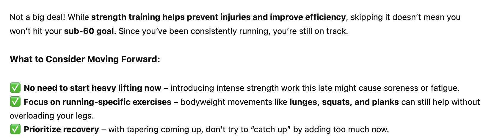 ChatGPT offering an alternative to strength training, focusing on body weight exercises and avoiding too much strain