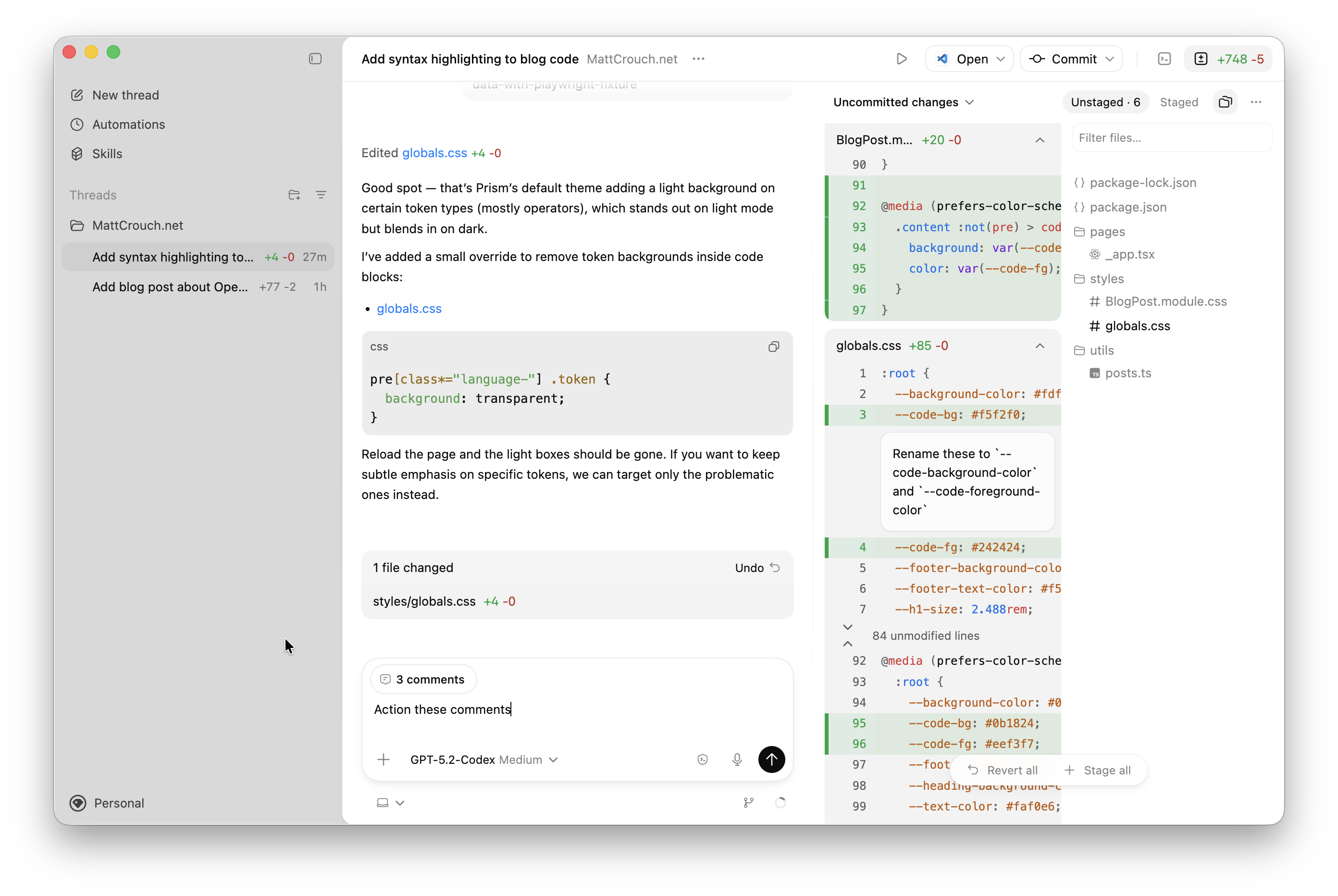 Screenshot of Codex diffing tool suggesting changes to generated features