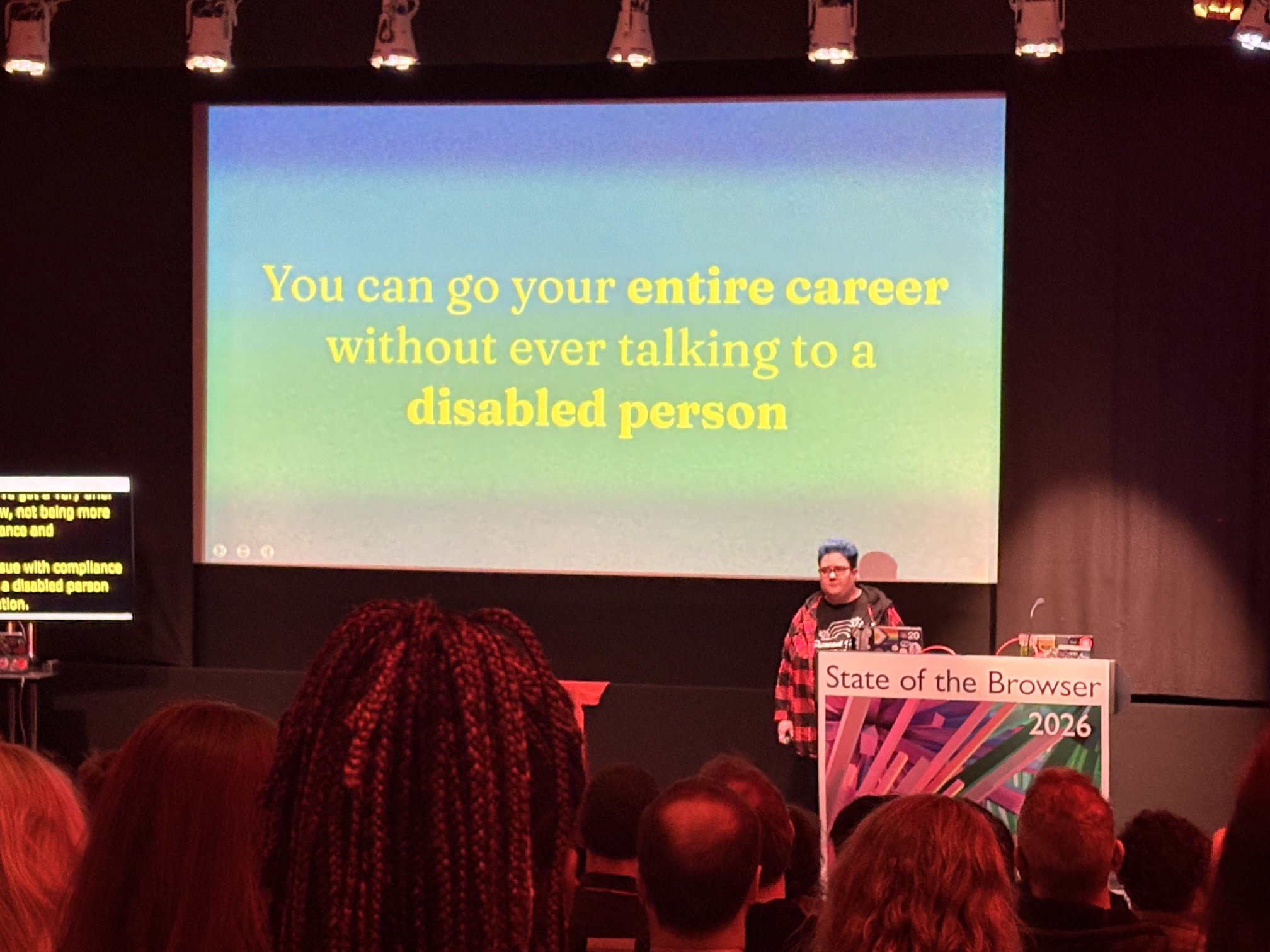 Chad in front of a slide saying "You can go your entire career without ever talking to a disabled person"